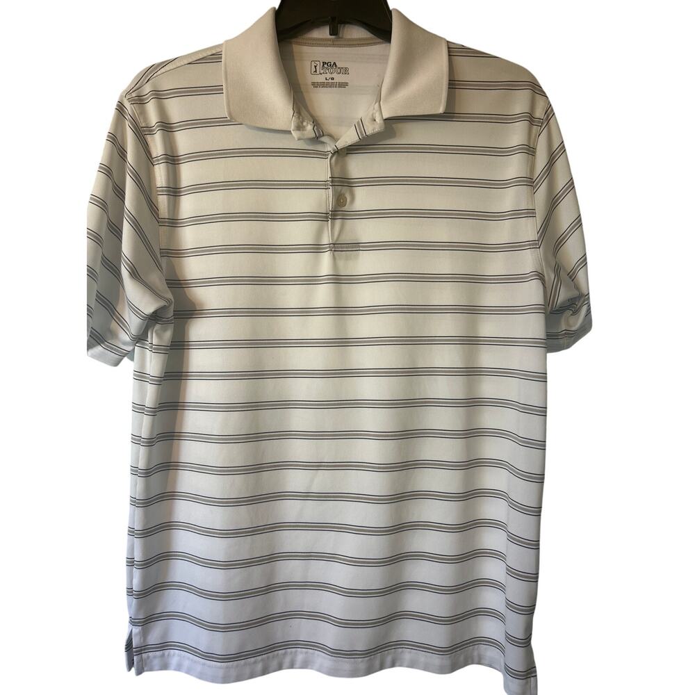 PGA Tour Men's Short Sleeve Golf Polo Shirt Large White with Gray/Black Stripes